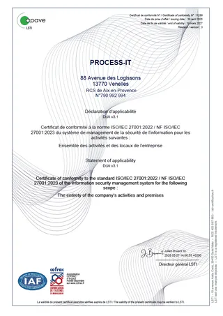 Certificat ISO/IEC 27001:2022 de Process-IT, délivré par LSTI